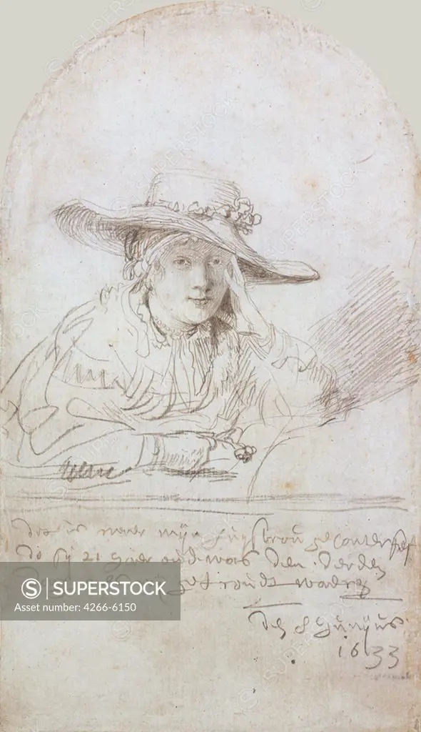 Portrait of young woman in hat by Rembrandt van Rhijn, Pencil on Paper, 1633, Baroque, 1606-1669, Russia, Berlin, Staatliche Museen, 185x107
