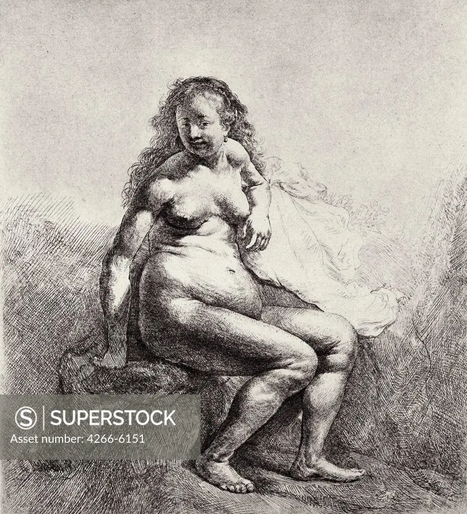 Nude by Rembrandt van Rhijn, Etching, circa 1631, Baroque, 1606-1669, Collection J. de Bruijn, 17,6x16