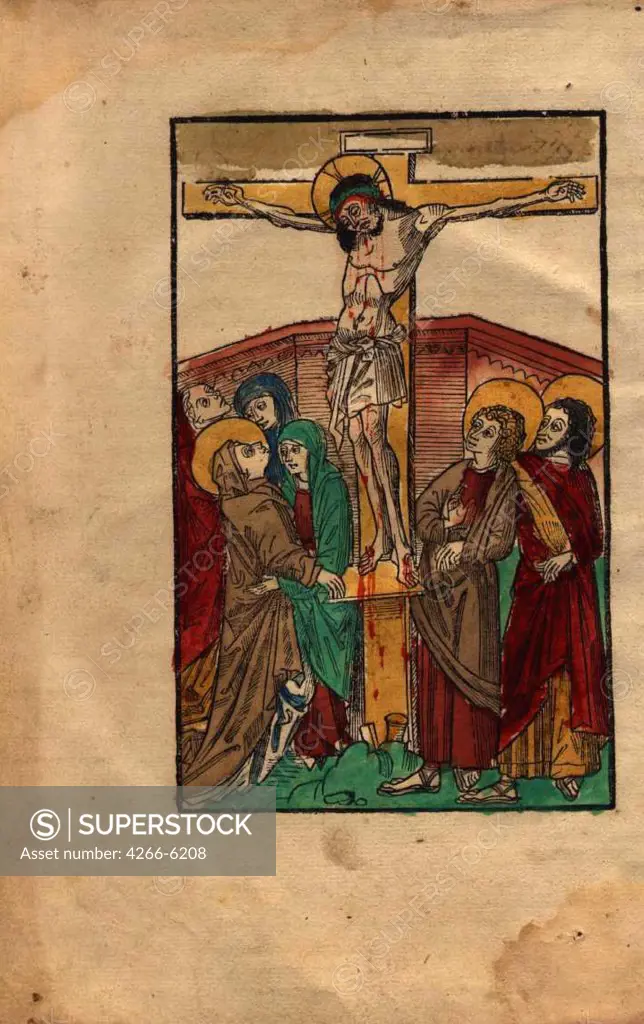 The crucifixion by Anonymus artist, Watercolor on parchment, 1491, Russia, Moscow, Russian State Library,