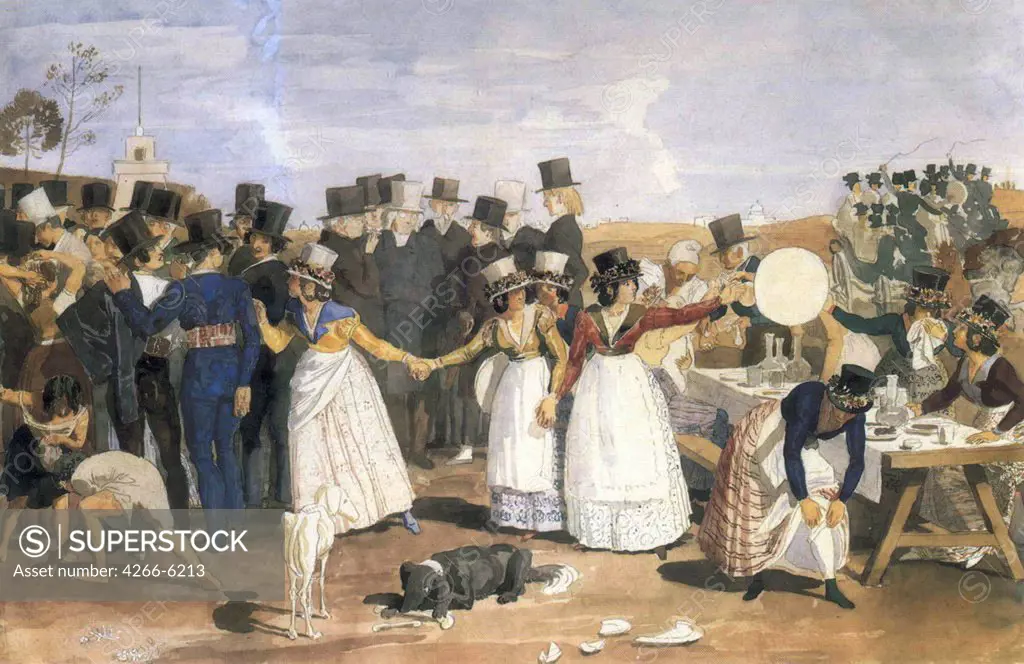 People celebrating by Alexander Andreyevich Ivanov, Watercolor and ink on paper, 1842, 1806-1858, Russia, St. Petersburg, State Russian Museum,
