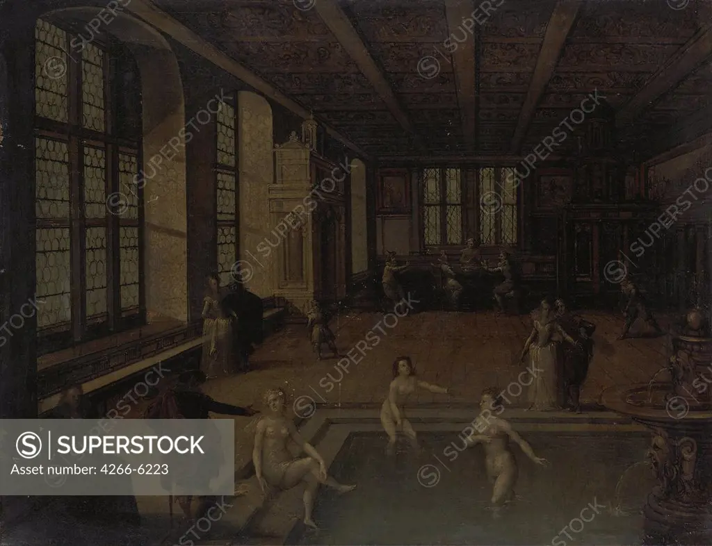 Bathhouse by Louis de Caulery, Oil on copper, 17th century, Baroque, before 1582-after 1621, Russia, St. Petersburg, State Hermitage, 28x37