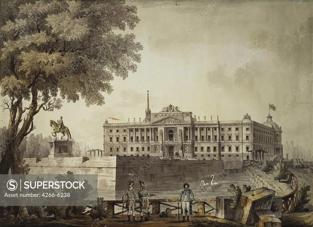 Mikhailovsky Palace by Giacomo Antonio Domenico Quarenghi, Watercolour and ink on paper, 1800, Classicism, 1744-1817, Russia, St. Petersburg, State Hermitage, 46x63,3