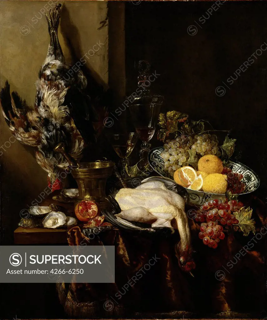 Still life with dead pheasant and fruits by Abraham Hendricksz van Beyeren, Oil on canvas, circa 1680, Baroque, 1620/21-1690, Germany, Dusseldorf, Museum Kunst Palast, 104x88,8