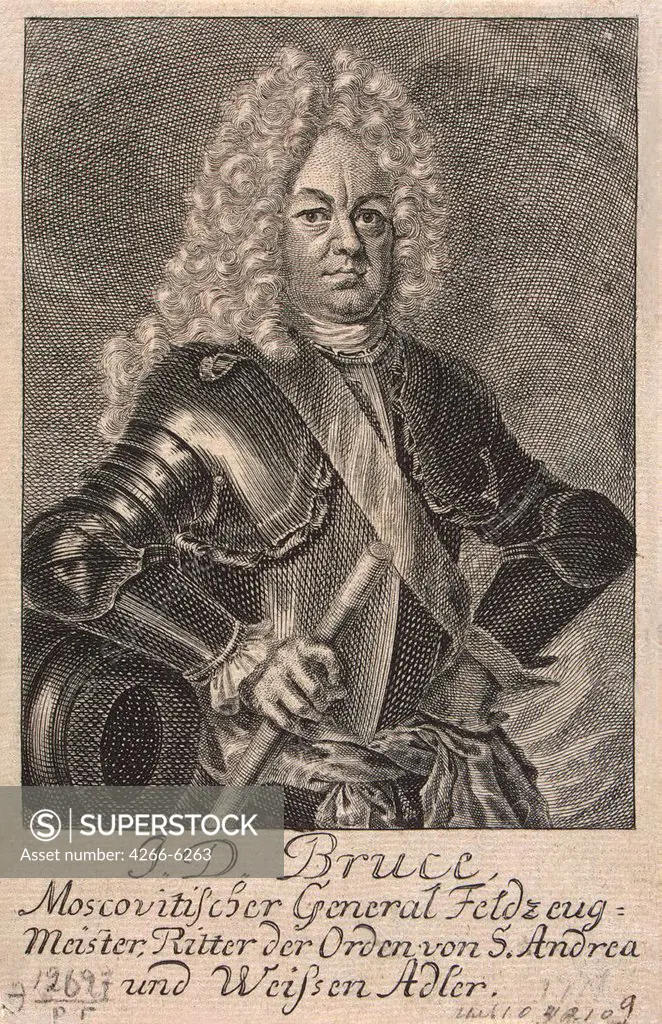 Portrait of Jacob Daniel Bruce by Anonymous artist, Etching, 1710s, Baroque, Russia, St. Petersburg, State Hermitage, 14,2x9,2