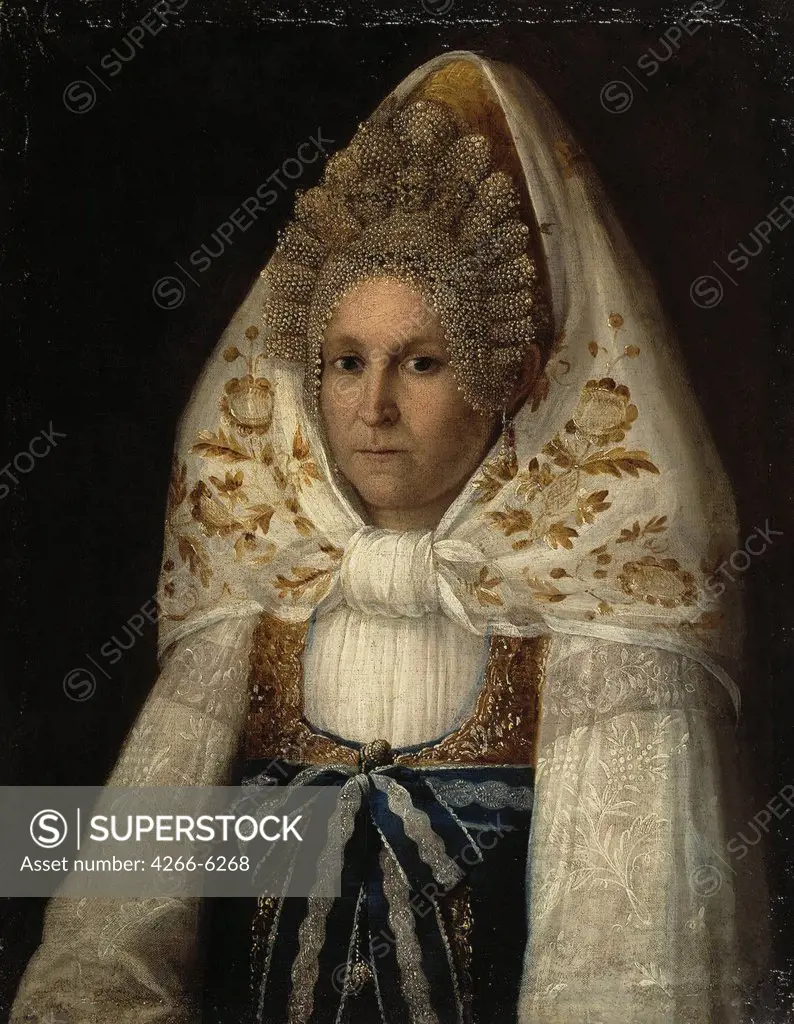 Woman in traditional russian dress by Anonymous artist, Oil on canvas, 19th century,, Russia, St. Petersburg, State Hermitage, 63,3x48,5