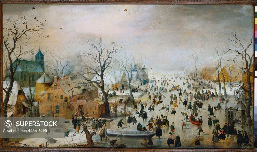 People ice-skating by Hendrick Avercamp, Oil on wood, 1609, Baroque, 1585-1634, Netherlands, Amsterdam, Rijksmuseum, 77,3x131,9