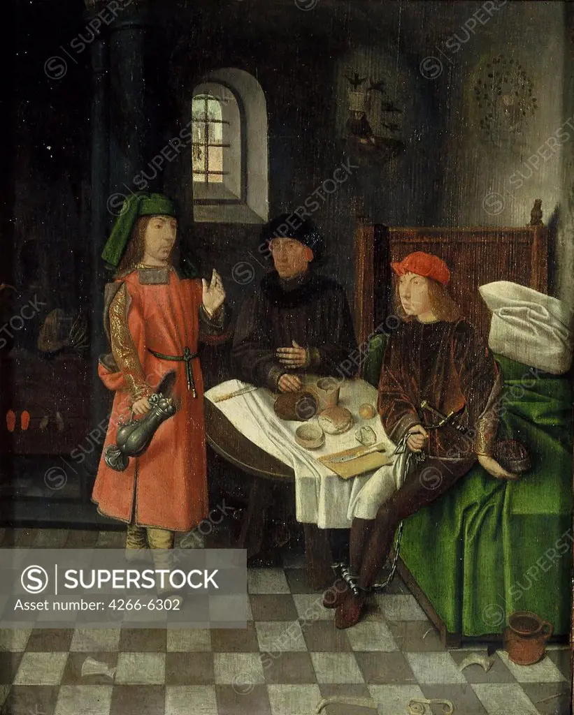 Joseph explaining dreams of baker and cupbearer by Jan Mostaert, oil on wood, circa 1500, 1472/73-1555/56, Holland, Amsterdam, Rijksmuseum, 31,1x24,5