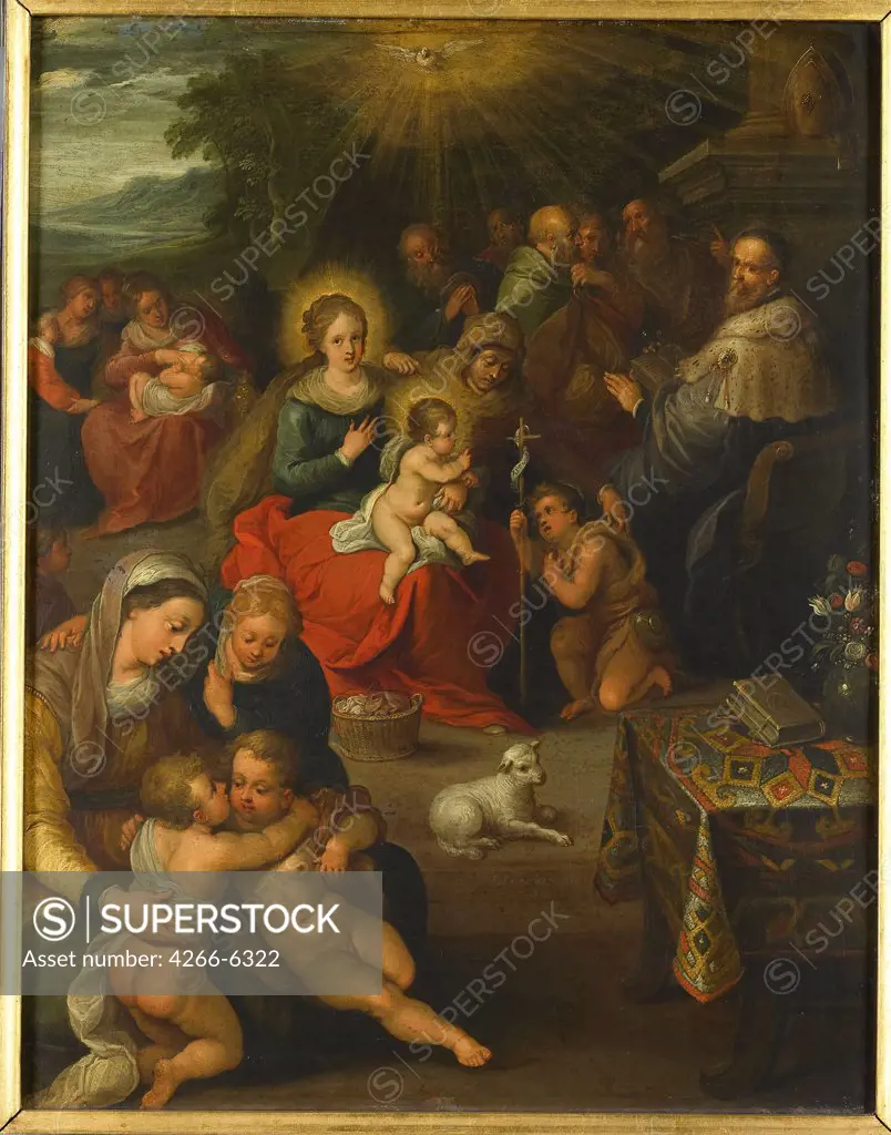 Religious illustration with Virgin Mary, Jesus Christ and John the Baptist as child by Frans Francken the Younger, oil on copper, 1616, 1581-1642, Holland, Amsterdam, Rijksmuseum, 43x34