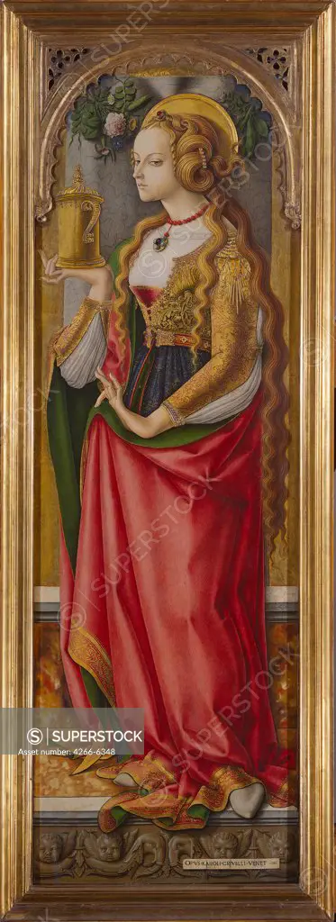 Religious illustration with Mary Magdalene by Carlo Crivelli, oil on wood, 1490, circa 1435-circa 1495, Holland, Amsterdam, Rijksmuseum, 152x49