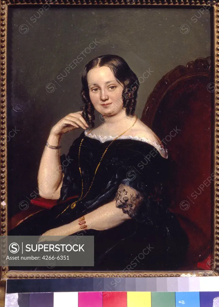 Portrait of Baroness Evpraxia Vrevskaya by Akim Bagayev, oil on cardboard, 1841, active 19th century, Russia, St Petersburg, Institut of Russian Literature IRLI, Pushkin-House