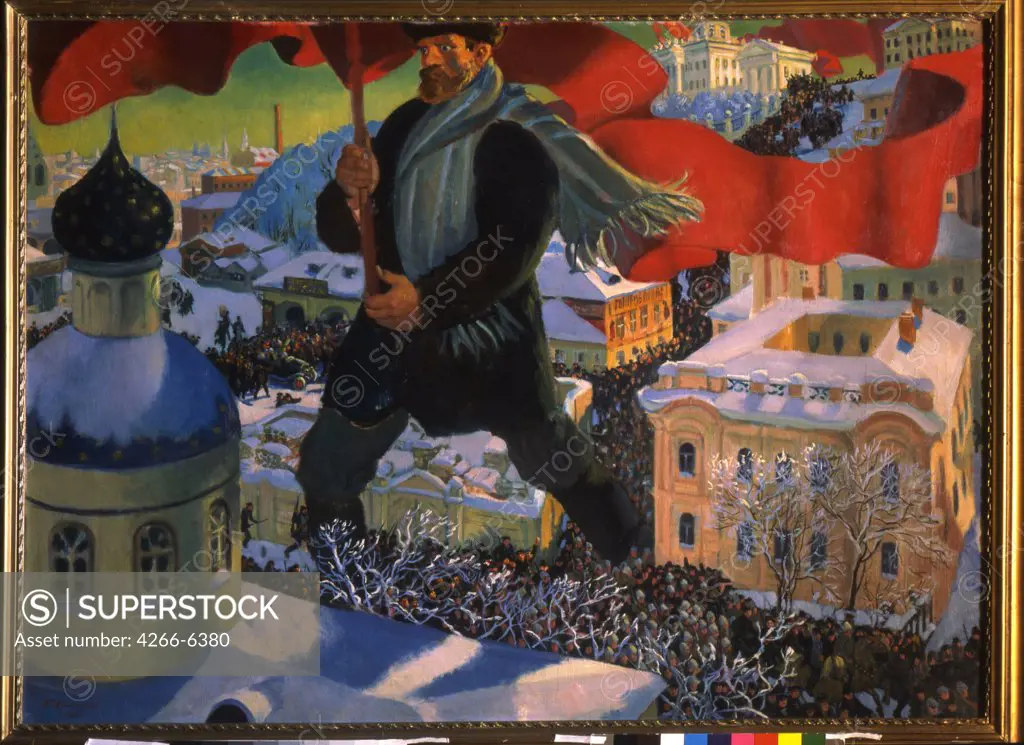 Cityscape with giant man holding flag by Boris Michaylovich Kustodiev, Oil on canvas, 1919-1920, 1878-1927, Russia, Moscow, State Tretyakov Gallery, 100x140