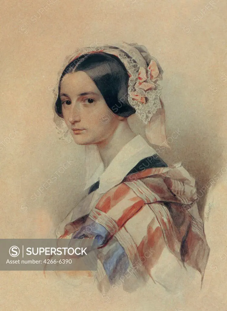 Portrait of Alexandra Smirnova-Rosset by Pyotr Fyodorovich Sokolov, Watercolour on cardboard, 1834, 1791-1848, Russia, Moscow, State Museum of A.S. Pushkin