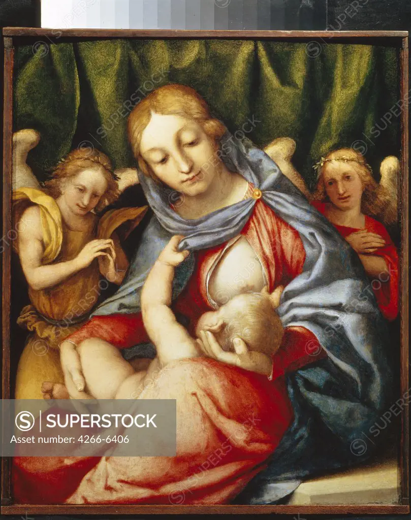 Holy Mary breastfeeding baby Jesus by Lorenzo Lotto, oil on wood, 1520s, 1480-1556, Venetian School, Russia, Moscow, State Pushkin Museum of Fine Arts, 33x28