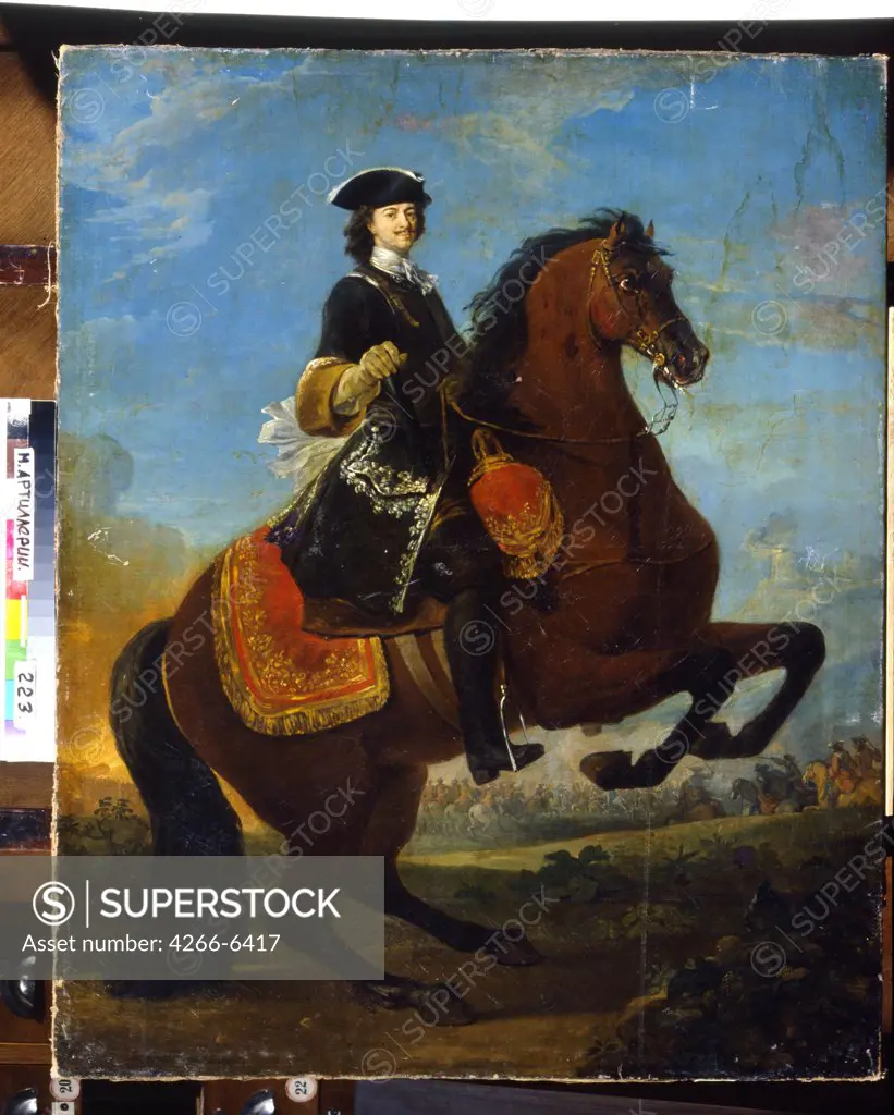 Emperor Peter I on rearing horse by unknown painter, oil on canvas, circa 1721, Russia, St Petersburg, State Central Artillery Museum, 101x81