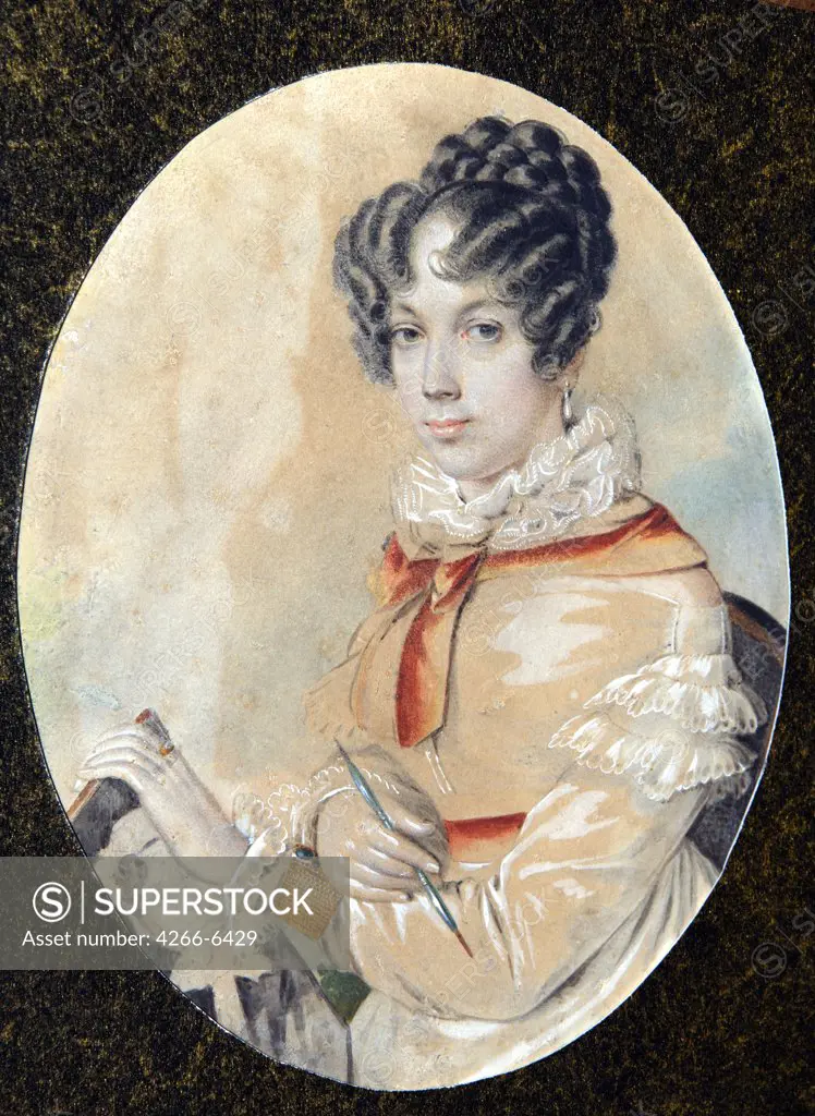 Portrait of Natalia Fonvizina by unknown painter, watercolour, gouache on horn, 1820s, Russia, Moscow, State Museum of Pushkin