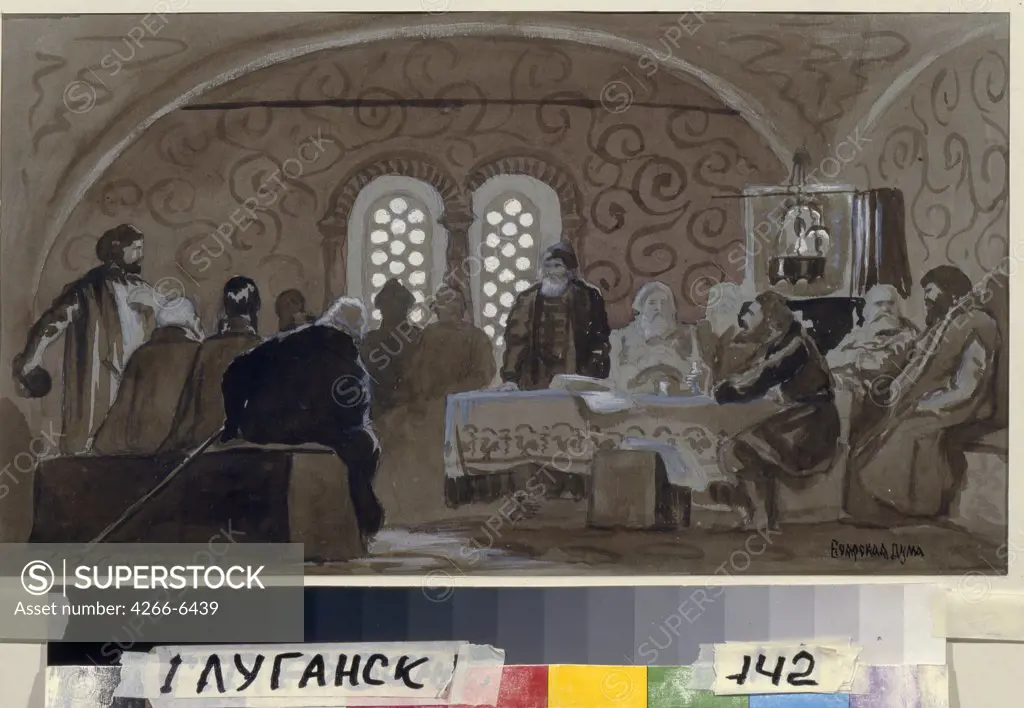 National Assembly by Andrei Petrovich Ryabushkin, watercolour and white colour on cardboard, 1893, 1861-1904, Ukraine, Lugansk, Regional Art Museum, 22,5x40