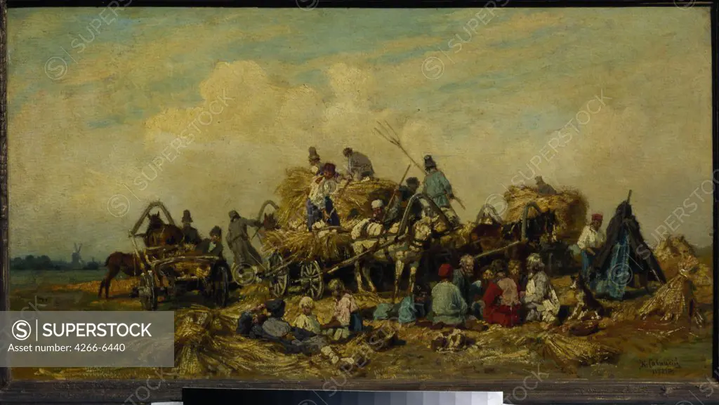Harvest time by Konstantin Apollonovich Savitsky, oil on cardboard, 1878, 1844-1905, Russia, Moscow, State Tretyakov Gallery, 42,5x79