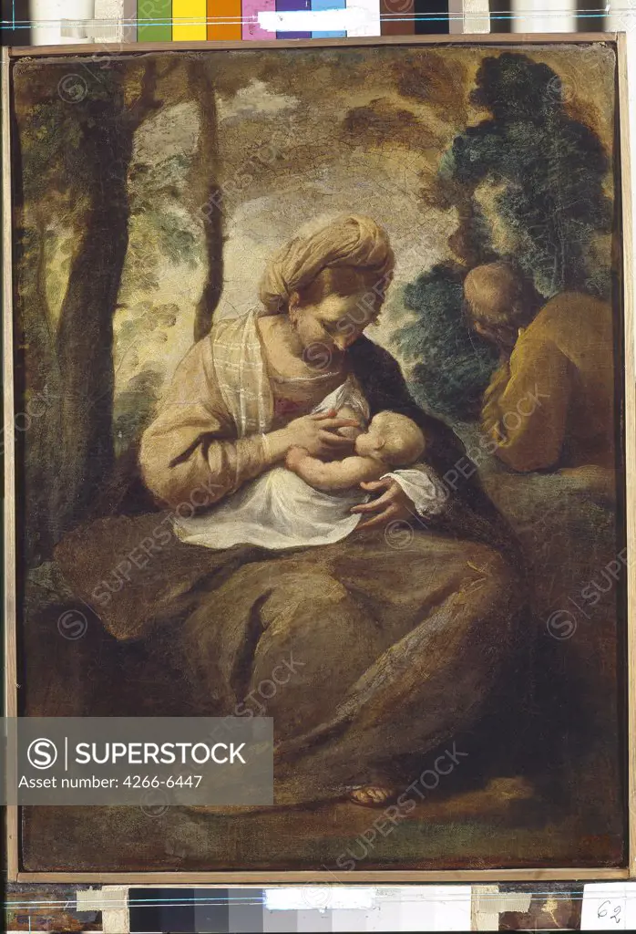 Virgin Mary breastfeeding baby Jesus by Simone Cantarini, oil on canvas, 1612-1648, Bolognese School, Russia, St Petersburg, State Hermitage, 41x31