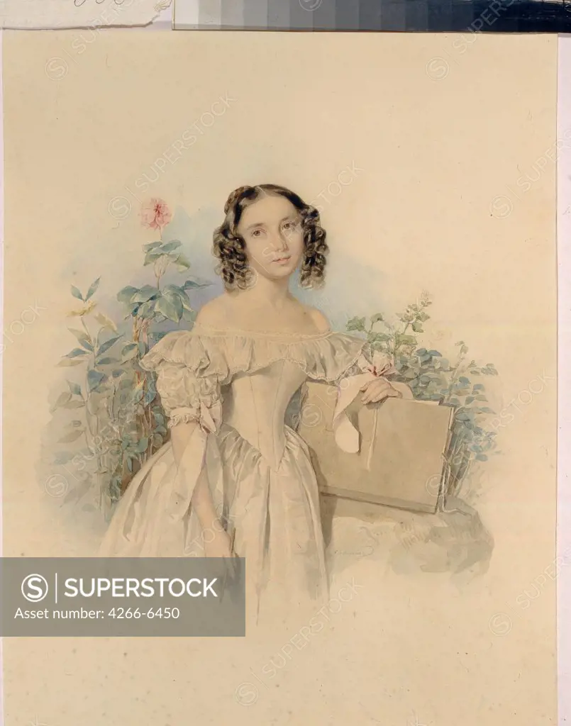 Portrait of young woman by Pyotr Fyodorovich Sokolov, watercolour on paper, 1830s, 1791-1848, Russia, Moscow, State History Museum, 30,5x24,5