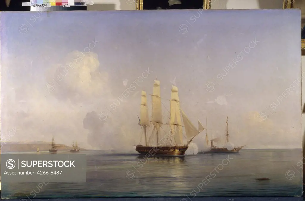 Sea battle by Alexei Petrovich Bogolyubov, Oil on canvas, 1857, 1824-1896, Russia, Barnaul, Altai State Art Museum, 119x180
