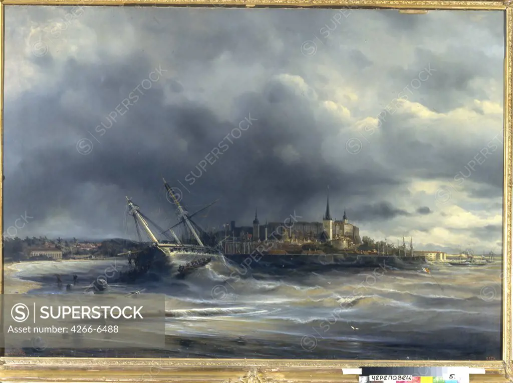 Baltic sea and Tallin by Alexei Petrovich Bogolyubov, Oil on canvas, 1853, 1824-1896, Russia, Cherepovets, Museum of History and Art, 105x165