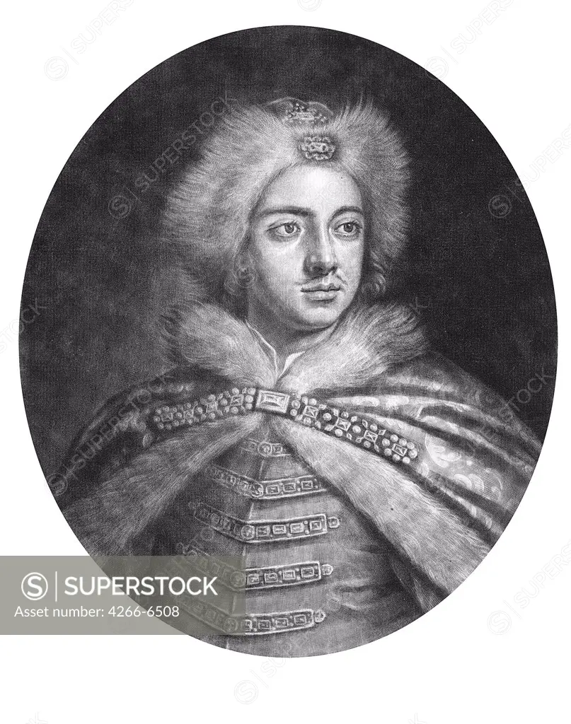 Portrait of Emperor Peter I the Great by Jacob Gole, Mezzotint, 1698, 1660-1737, Russia,, Moscow, State Museum of A.S. Pushkin
