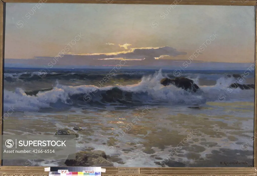 Sunset on beach by Nikolai Vasilyevich Dosekin, Oil on canvas, 1894, 1863-1935, Russia, Omsk, Regional M. Vrubel Art Museum, 112x170