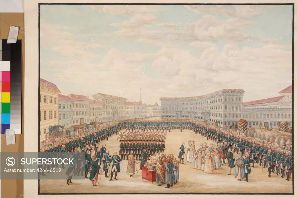 Military ceremony by Mikhail Matveevich Ivanov, Watercolor on paper, 1796, 1748-1823, Russia, St. Petersburg, A. Suvorov State Memorial Museum,