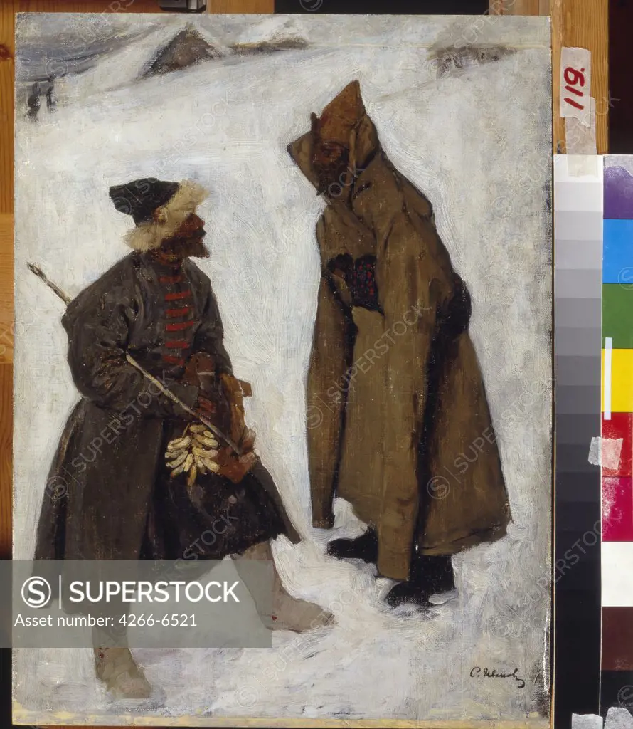 Men outside in winter by Sergei Vasilyevich Ivanov, Oil on cardboard, 1898-1900, 1864-1910, Russia, Tcheboksary, State Art Museum of the Chuvash Republic, 44,5x25,5