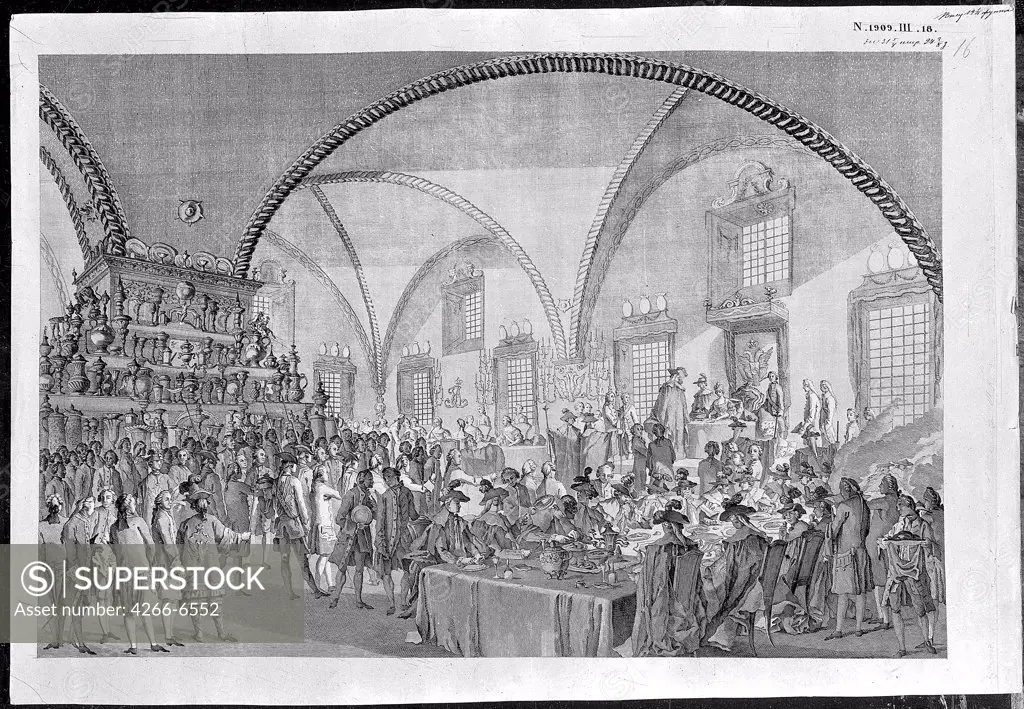 Social gathering in Kremlin by Mikhail Ivanovich Makhaev, Etching, 1790s, 1718-1770, Russia, Moscow, State History Museum,