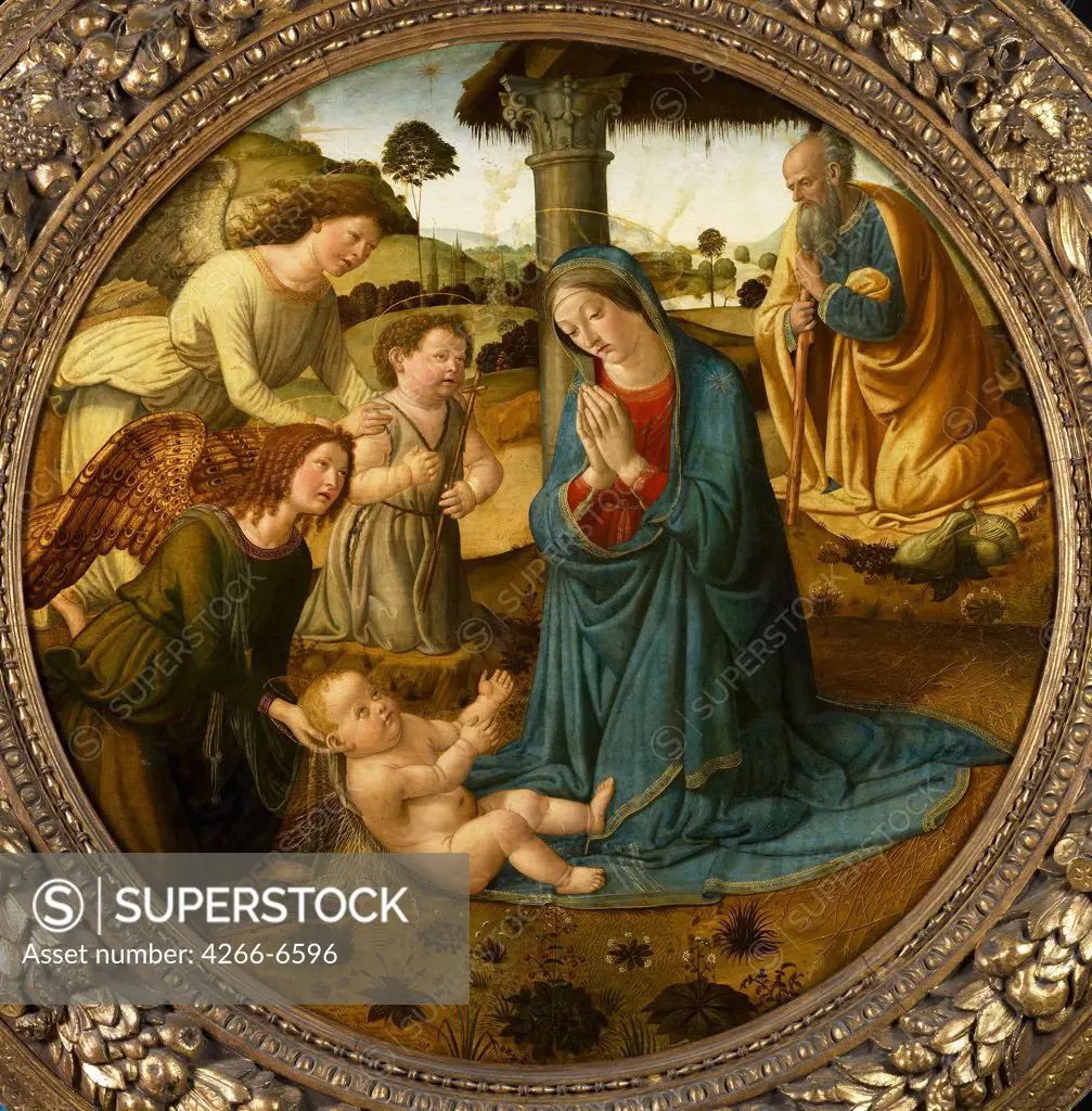 Adoration of Christ child by Cosimo di Lorenzo Rosselli, oil on wood, 1507, 1439-1507, Florentine School, Holland, Amsterdam, Rijksmuseum, dimension 114,5