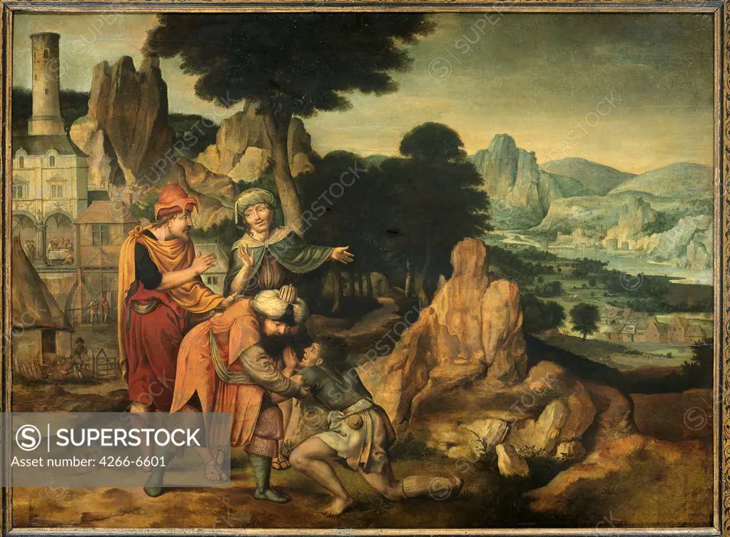 Return of prodigal son by Cornelis Massys, oil on wood, 1538, 1510-1556, Holland, Amsterdam, Rijksmuseum, 74,5x99,5