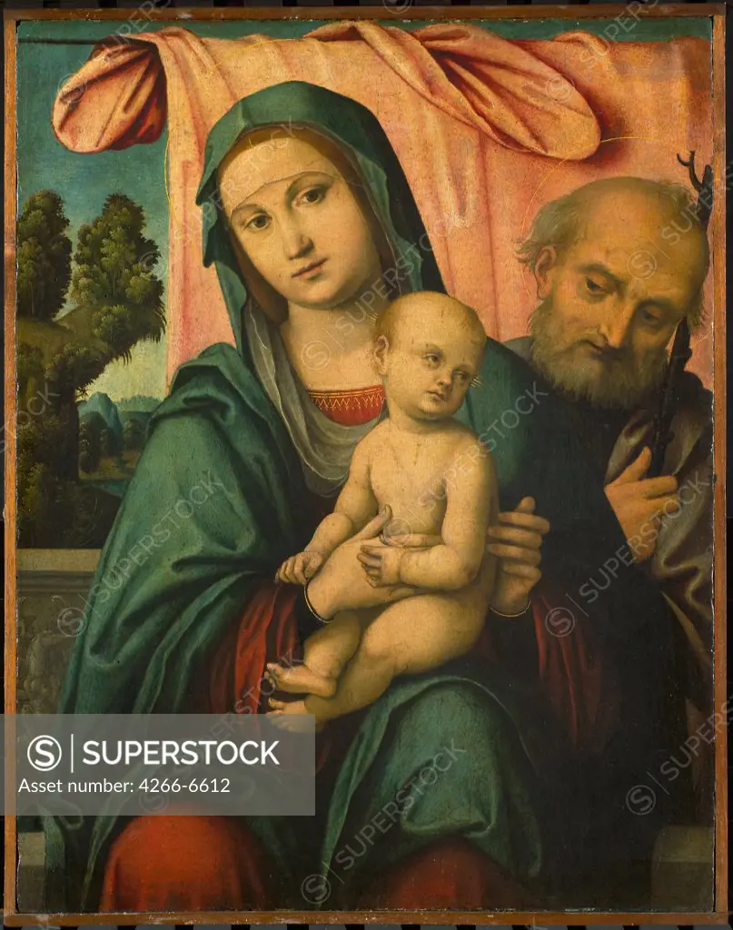 Holy family by Lorenzo Costa, oil on wood, 1510, 1460-1535, School of Ferrara, Holland, Amsterdam, Rijksmuseum, 50x40