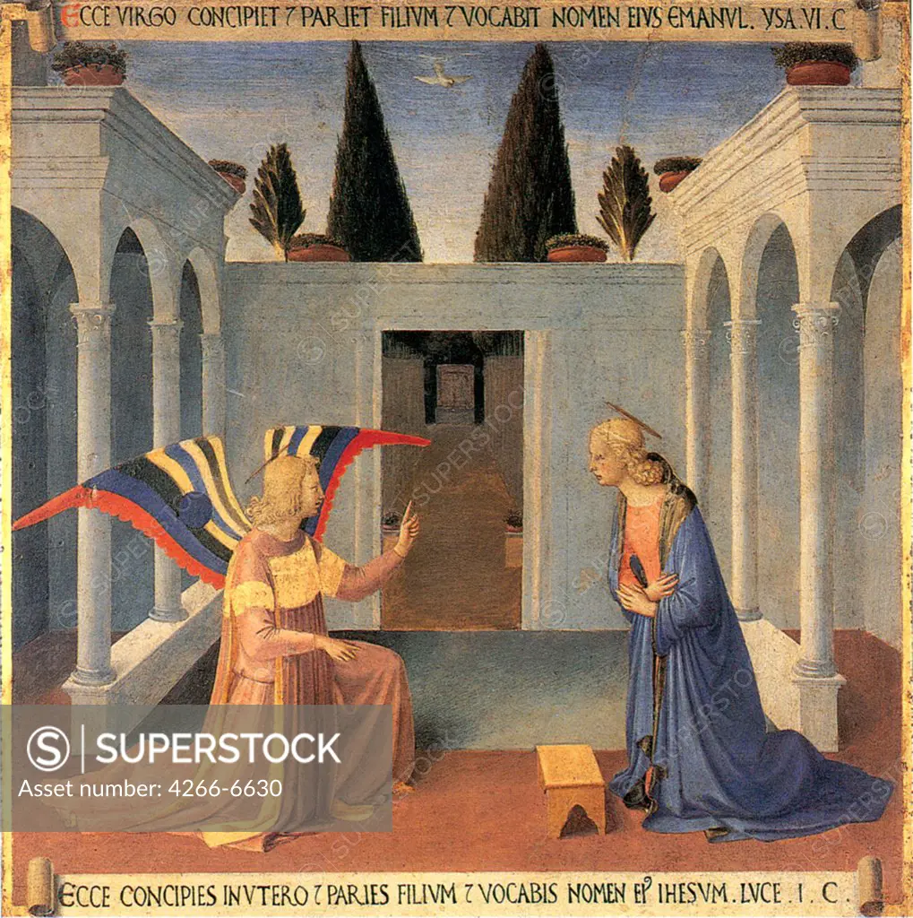 Annunciation to Virgin Mary by Fra Angelico, tempera on panel, circa 1450, circa 1400-1455, Florentine School, Italy, Florence, San Marco Church, 38,5x37