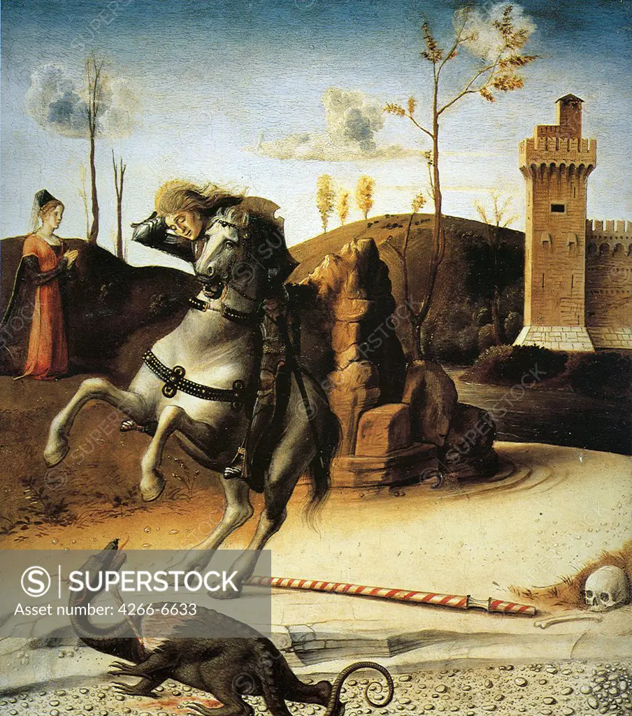 Saint George and dragon by Giovanni Bellini, oil on canvas, 1471, 1430-1516, Venetian School, Italy, Pesaro, Museo Civico