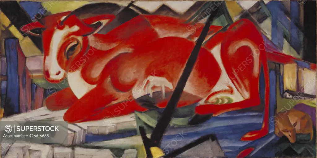 Red cow by Franz Marc, oil on canvas, 1913, 1880-1916, USA, New York, Museum of Modern Art, 70,7x141,3