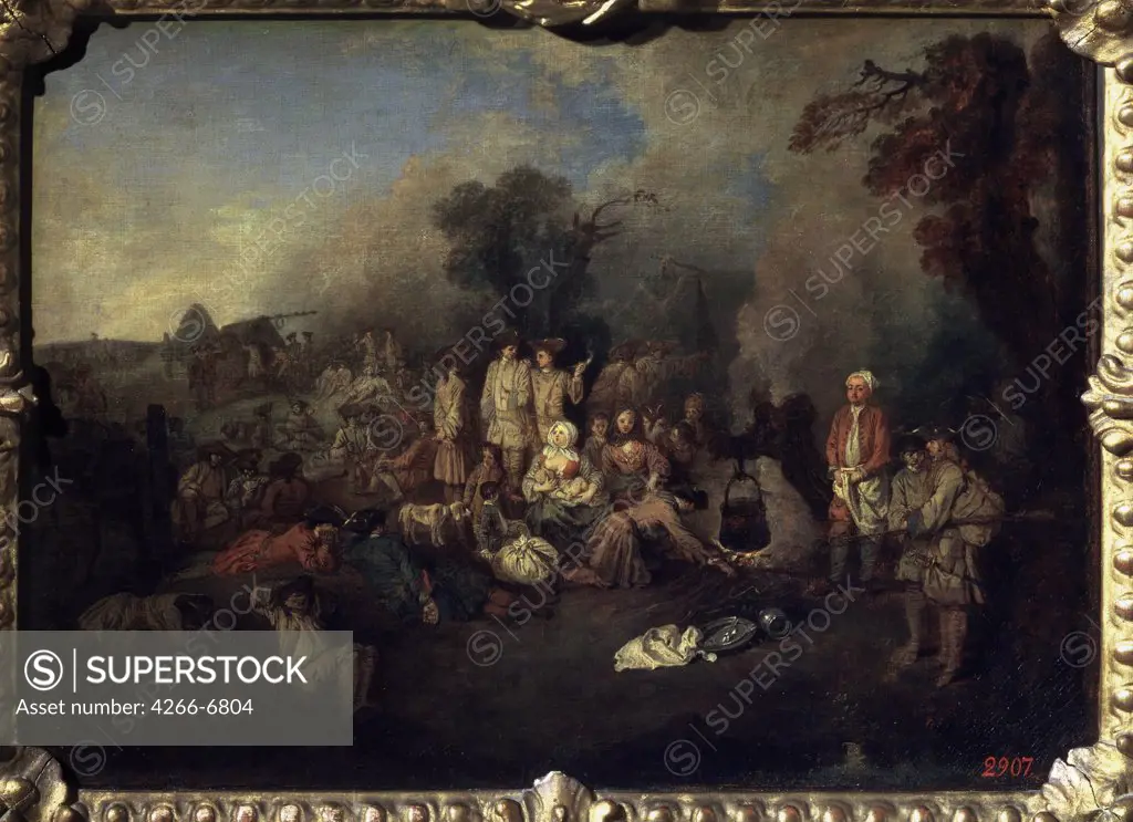 Hungry soldiers by Jean Antoine Watteau, Oil on canvas, circa 1710, 1684-1721, Russia, Moscow, State A. Pushkin Museum of Fine Arts, 32x45
