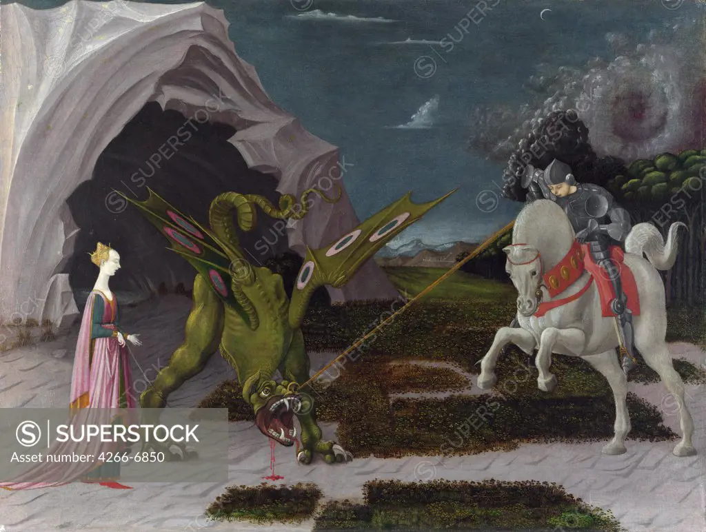 St. George killing dragon by Paolo Uccello, Oil on canvas, circa 1470,, 1397-1475, Great Britain, London, National Gallery, 55,6x74,2