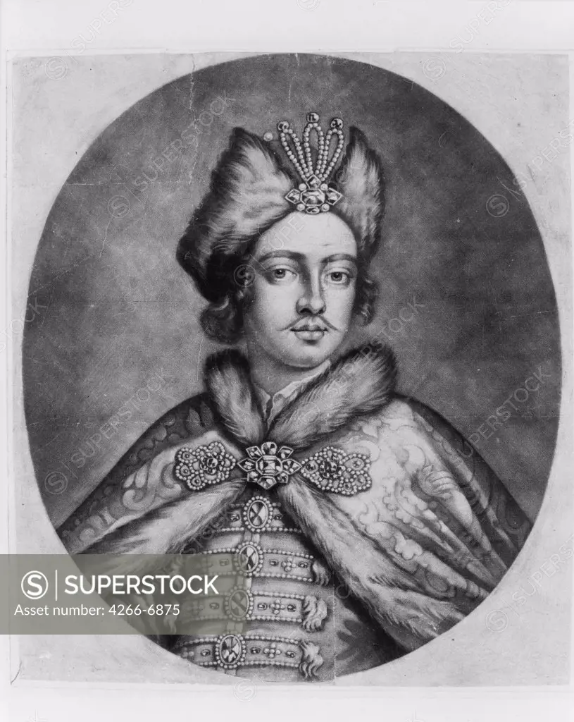 Portrait of tsar Peter the Great by William II Faithorne, Mezzotint, between 1680 and 1710, 1656-1710, Private Collection