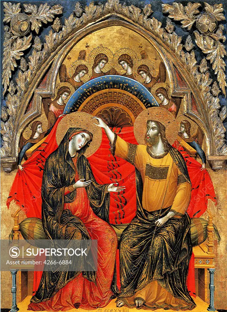 Religious illustration with Virgin Mary and Jesus Christ by Paolo Veneziano, Tempera on panel, 1324, circa 1330-circa 1360, USA, Washington, National Gallery of Art, 100x78