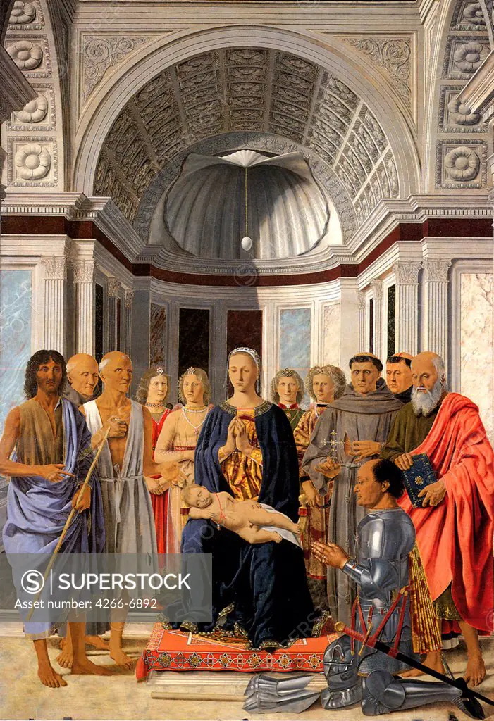 Federico Da Montefeltro with Virgin Mary, Jesus Christ and saints by Piero della Francesca, Oil on wood, circa 1471-1472, circa 1415-1492, Italy, Milan, Pinacoteca di Brera, 248x170