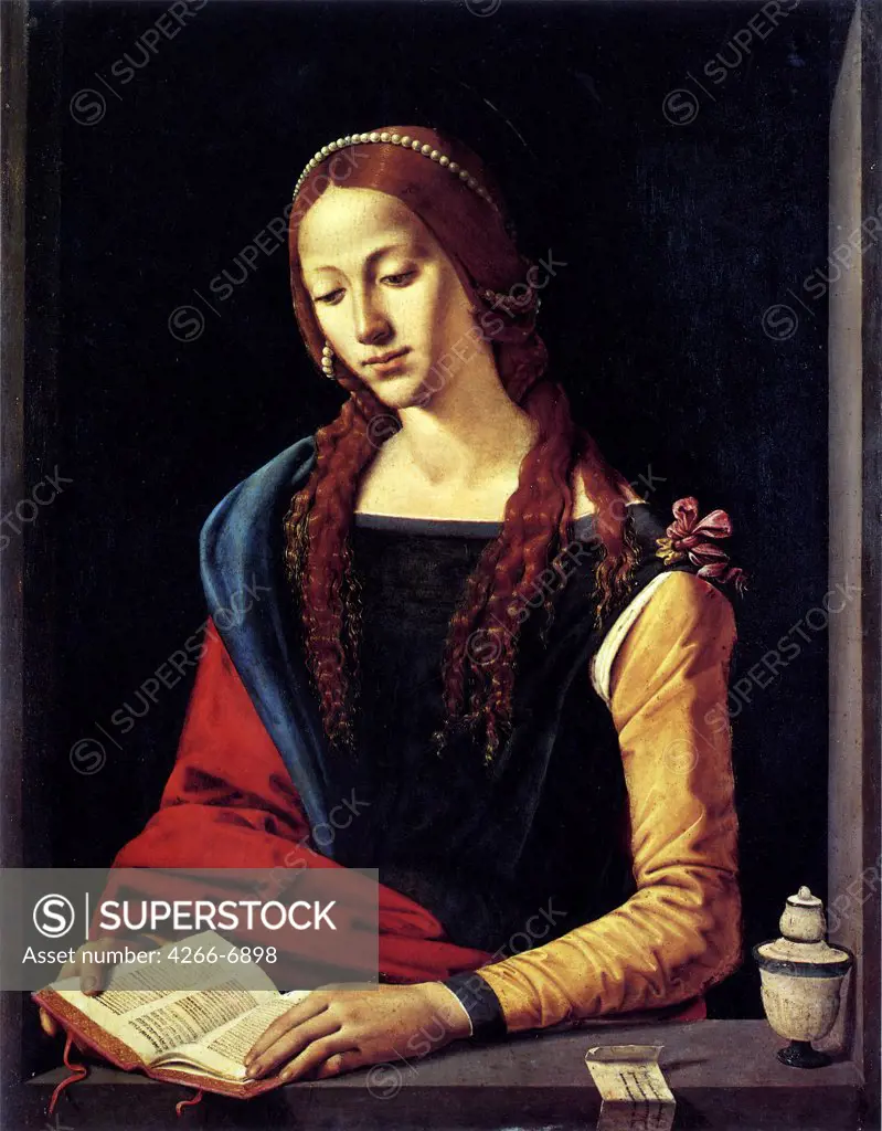 Saint Mary Magdalene reading bible by of Piero di Cosimo, Oil on wood, circa 1500, circa 1462-circa 1521, Italy, Rome, Palazzo Barberini, 72x53