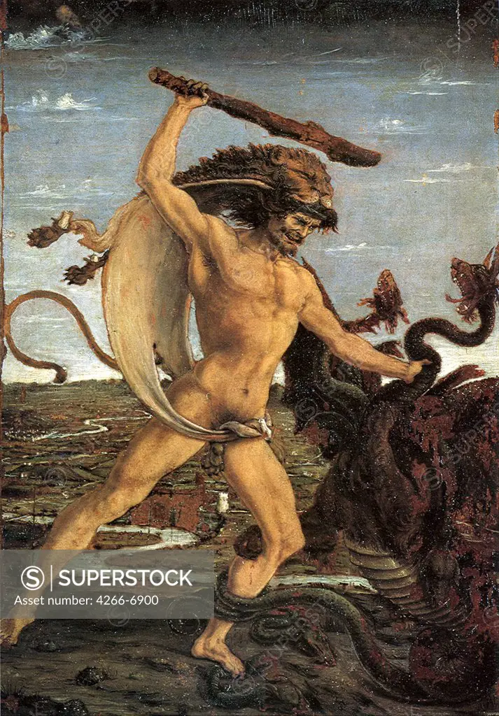 Scene from greek mythology with Heracles by Antonio Pollaiuolo, Tempera on panel, circa 1475, circa 1431-1498, Italy, Florence, Galleria degli Uffizi, 17x12