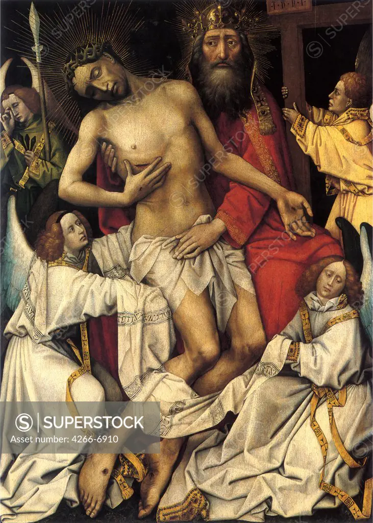 Trinity and Dead Christ Supported by Angels by Robert Campin, Oil on wood, circa 1435, circa 1375-1444, Belgium, Leuven, Stedelijk Museum Vander Kelen-Mertens, 127,7x93