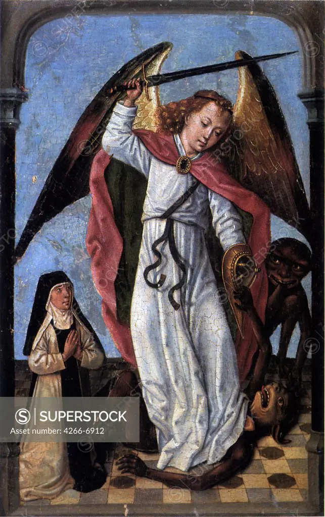 Victory over Devil by Master of the legend of St. Ursula, Oil on wood, circa 1480, active circa 1485, Belgium, Brugge, Onze-Lieve-Vrouw ter Potterie, 30x19,5