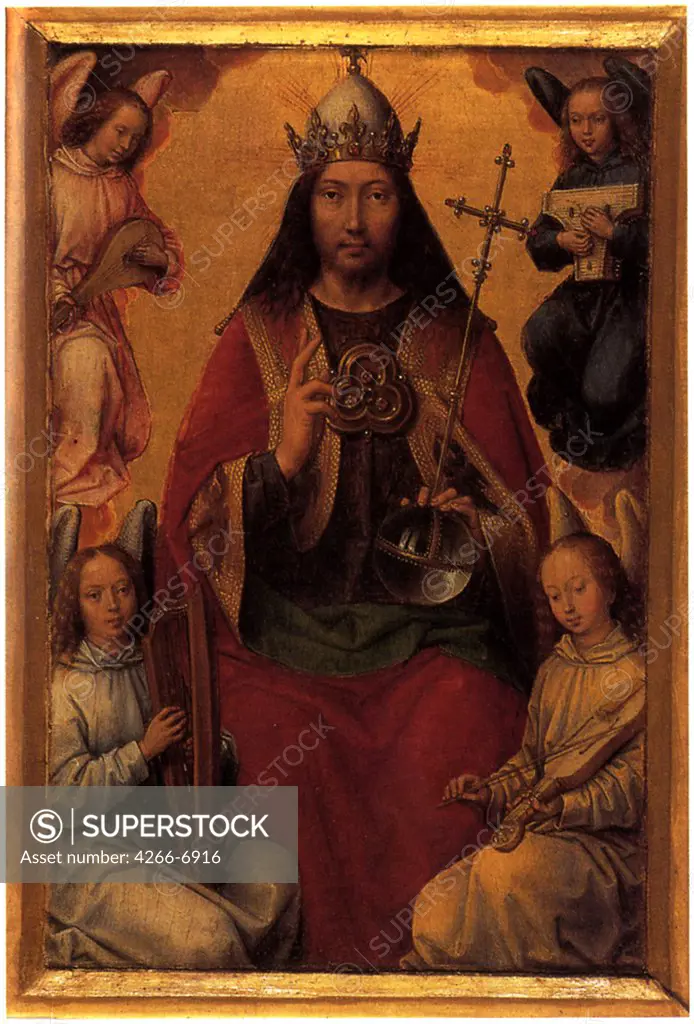 Jesus Christ with angels by Hans Memling, Oil on wood, circa 1490, 1433/40-1494, France, Strasbourg, Musee des Beaux-Arts, 20x13