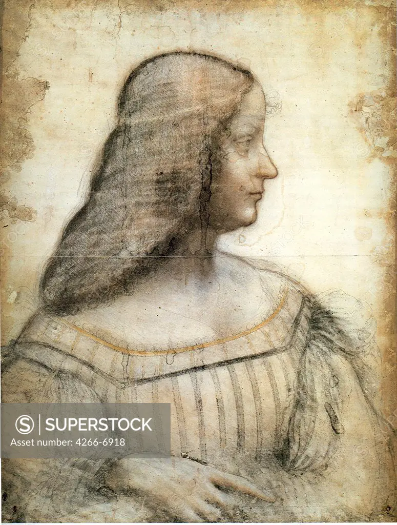 Portrait of Isabella dEste by Leonardo da Vinci, Black chalk and sanguine on paper, 1499-1500, 1452-1519, France, Paris, Louvre, 63x46