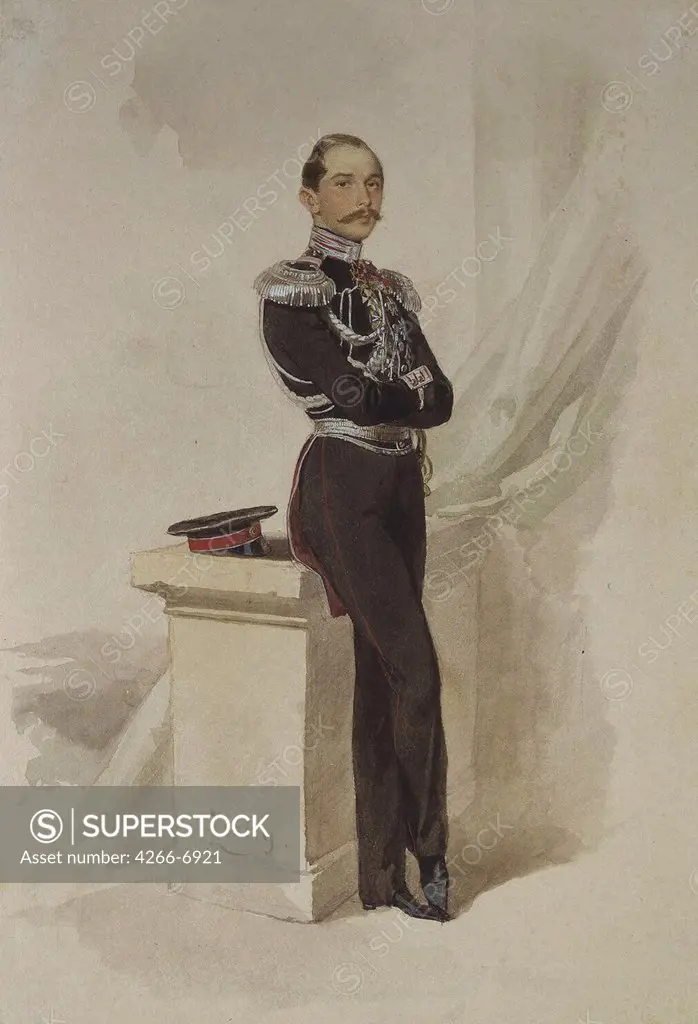 Portrait of man in military uniform by Mihaly Zichy, Watercolor, Gouache on Paper, 1852, 1827-1906, Russia, St. Petersburg, State Hermitage, 29x20
