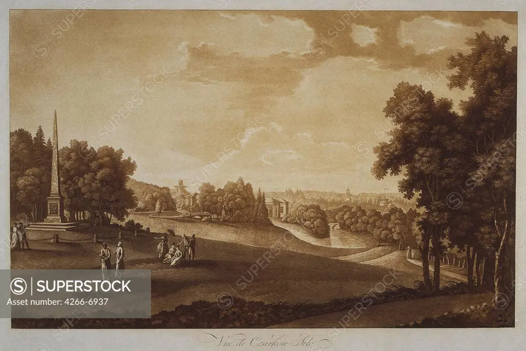 View of Kagul Obelisk in Tsarskoye Selo by Johann Georg von Mayr, Aquatint, 1790s, 1760-1816, Russia, St. Petersburg, State Hermitage, 43,5x61,7