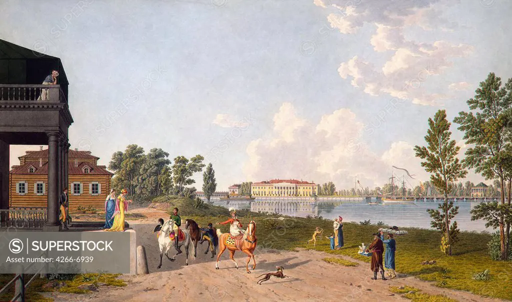 View of Kamenny Island Palace by Gabriel Ludwig Lory the Elder, Etching, watercolour, 1805, 1763-1840, Russia, St. Petersburg, State Hermitage, 53x77